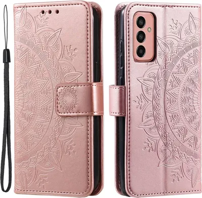 A product shot of a rose gold flip phone case with a mandala design.
