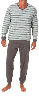 Produktbild von Normann Herren langarm Schlafanzug mit Bündchen – Pyjama in eleganter Streifenoptik ; grau , 50