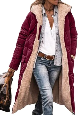 Produktbild von ASKSA Damen Lang Daunenmantel Warm Fleece Reversibel Winterjacke Kapuze Fleecejacke Daunenjacke Mantel, Rotwein, L