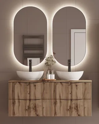 Produktbild von Badmöbel-Set 3-teilig mit 120 cm Doppelwaschtisch & 2 LED-Spiegeln in Eiche mit gerillter Front - CALURI-140