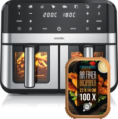 Produktbild von Arendo Heißluftfritteuse XXL, Doppelkammer, Dual Zone , Airfryer 9L mit Backpapier, Sichtfenster mit Beleuchtung, 2400 W, 8 Programme, Touchscreen, 3D Umluftsystem