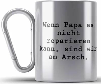 Produktbild von Trendation - Wenn Papa Das Nicht Reparieren Kann Geschenk Edelstahl Tasse Karabiner Vater Vatertag Geschenkidee Vatertagsgeschenk von Sohn Tochter Lustige Sprüche Karabiner Edelstahl Tasse Karabiner Edelstahl Papa Lustig (Silber)