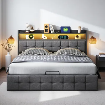 Immagine prodotto di Letto box 140x200 cm in tessuto grigio con base a molle insacchettate, testata illuminata a LED, presa UE integrata, design moderno e pratico