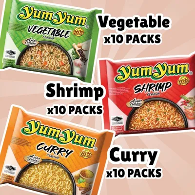Produktbild von Yum Yum Instant Noodles Mix – 10× Vegetable, 10× Shrimp, 10× Curry    +Heartforcards Versandschutz