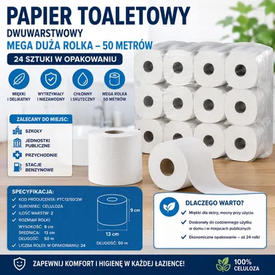 Zdjęcie produktu dla Ręcznik papierowy 24 szt. mini toaletowy dwuwarstwowy mega duża rolka (50 metrów)