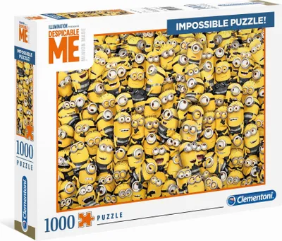 The image shows the front and side of a 1000-piece jigsaw puzzle box featuring many Minions from Despicable Me.
