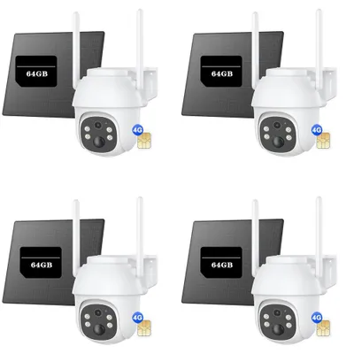 Image de 4X Caméra de surveillance 4G LTE Caméra de surveillance extérieure avec carte SIM, caméra de surveillance extérieure avec app, carte mémoire 64GB, panneau solaire, 2K, vision nocturne