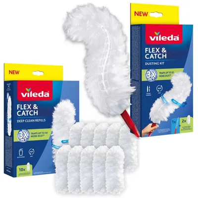 Produktbild von Staubwedel Vileda Flex&Catch mit kurzem Stiel Rutschschutz flexibler Kopf + 10 Ersatzköpfe