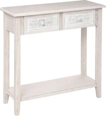 A console table with two drawers and a lower shelf, presented against a white background.
