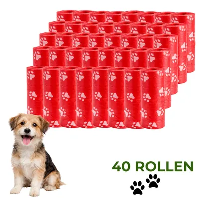Produktbild von Ale-commerce Hundekotbeutel 40 Rollen Rot 600 Beutel Reißfest Antigeruch Hundebeutel mit Pfotenmuster Passend Für Kotbeutelspender Kotbeutel