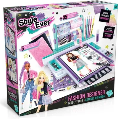 The image shows the packaging of a fashion designer toy set for children.