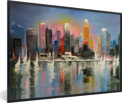 Produktbild von MuchoWow® Gerahmtes Poster Gemälde - Öl - Skyline - Wasser 30x20 cm - Poster mit Schwarzem Bilderrahmen Wandposter Rahmen Foto Bilder - Kunstdruck - Bild-Poster