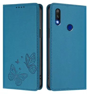 Produktbild von Lederhülle für Huawei Y9 Prime 2019/P Smart Z, Schmetterling Prägung Leder Brieftasche Schutzhülle mit Ständer Blau