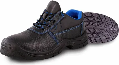 A black safety shoe with blue accents and a separate sole.