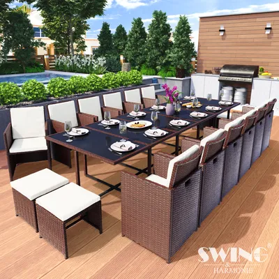 Produktbild von Poly Rattan Sitzgruppe Esstisch Lounge Gartenmöbel Sitzgarnitur 17-Teilig Garten-Garnitur Set 1x Tisch + 12x Stühle + 4x Hocker - braun