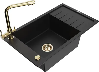 Produktbild von Mexen Elias 1 Becken-Granitspüle mit Abtropffläche und Mischbatterie Duero, Schwarz - 6511-77-671600-50