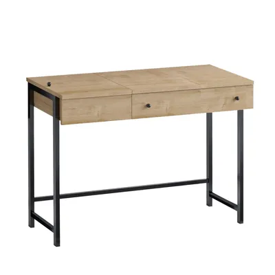 A desk with a light wood finish and black metal legs, shown against a white background.