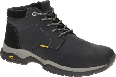 A black leather boot with gray accents and laces, set against a white background.