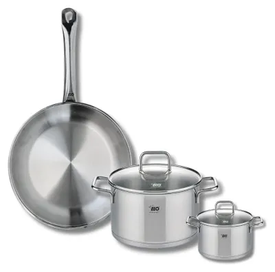 3-teiliges Edelstahl-Kochset, Pfanne 28 cm, Töpfe 12 & 20 cm
