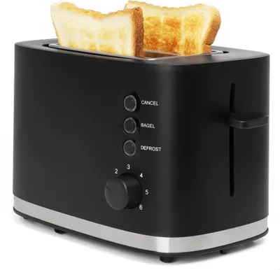 Produktbild von Toaster mit 2 Röstkammern und Brötchen-Röstaufsatz, 900 Watt, Tastenbedienung, Auftaufunktion, Aufwärmfunktion, 6 Brotstufen einstellbar, Schwarz