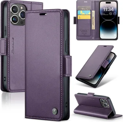 Produktbild von iPhone 14 Pro Hülle, Leder Brieftasche Kartenfach Schutzhülle mit Standfunktion für iPhone 14 Pro Lila
