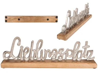 Three views of a decorative wooden base with a silver-colored script word art.