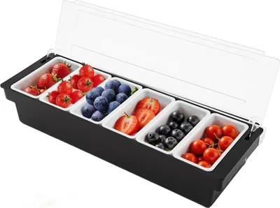 Produktbild von Zutatenbox - Condiment Caddy mit 6 Fächern - Mit Deckel - Für Lebensmittel - 50×15×10 cm - Inneneinsätze 14×7×7,5 cm - Schwarz