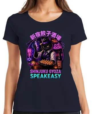 Obrázek produktu pro Tričko s potiskem "Shinjuku Gyoza Speakeasy Katze Japan Bar Neon Retro Y2K Cyberpunk" pro dámy, tmavě modré barvy, velikost XXL