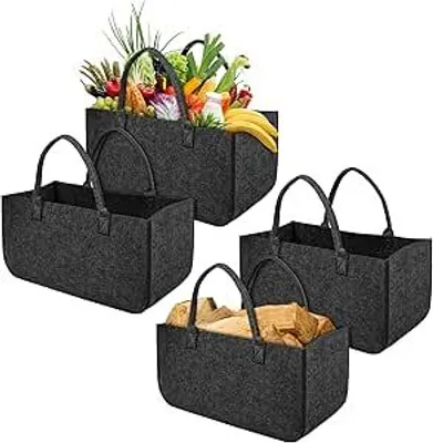 Produktbild von JOIEYOU Koš na palivové dřevo Plstěný koš na palivové dřevo s uchy pro přenášení Skládací plstěné tašky Shopper taška na palivové dřevo a noviny, nákupní taška 50 x 25 x 25 cm - 4 kusy antracitová barva