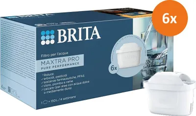 A box of Brita Maxtra PRO water filter cartridges with a single cartridge shown separately.