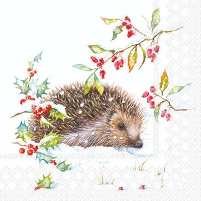 Produktbild von 20 kleine Cocktailservietten Hedgehog in Winter - Igel erkundet den Schnee 25x25cm