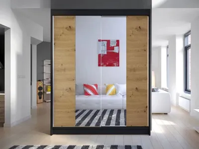Obrázok produktu pre Šatníková skriňa so zrkadlom 150 cm PIRITU 2 - dub artisan / čierna
