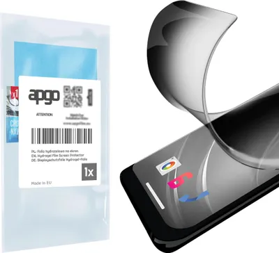 A product packaging for a screen protector is shown next to a smartphone with a screen protector applied.