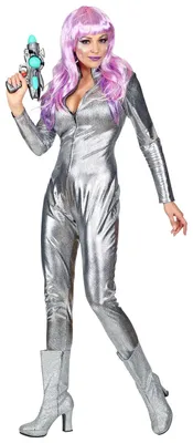 Produktbild von Silber Metallic Damen Catsuit Schuppenmuster Space Girl Disco Astronautin, Größe:L/XL