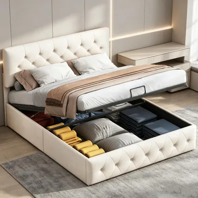 Immagine prodotto di Letto imbottito idraulico INONEFT, 140x200 cm, letto matrimoniale per ragazzi, letto contenitore con rete a doghe, velluto, color pesca
