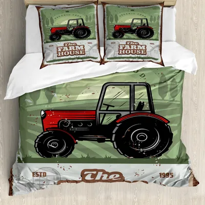 Produktbild von ABAKUHAUS Vintage Trucks Bettbezug Set, Grunge Design Das Bauernhaus-Beschriftung mit einem Traktor, 155 x 220 cm + 80 x 80 cm, Mehrfarbig