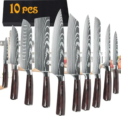 Immagine prodotto di Set di coltelli da cucina, acciaio inossidabile 7CR17, manico ergonomico in legno Pakka, 10 pezzi