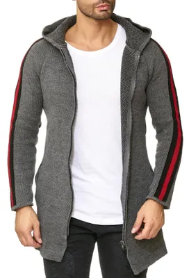 Produktbild von Reslad Strickjacke Herren Kontraststreifen Strickjacken für Männer Winter Jacke mit Kapuze RS-1046 Anthrazit S