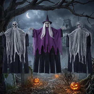 Halloween-Dekoration: 3 hängende Skelett-Geister, 105x85 cm