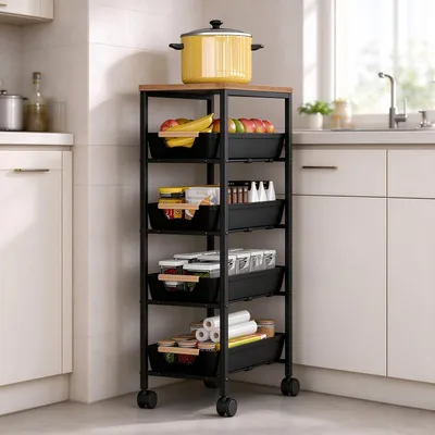 Produktbild von 5-stöckiger Küchenwagen, Allzweckwagen, Servierwagen mit Rollen, Multifunktions Aufbewahrungswagen, für Küche, Büro, Wohnzimmer, Schwarz
