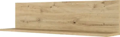 A wooden shelf against a white background.