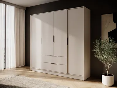 Produktbild von Kleiderschrank 4-türig mit Schubladen und Vitrine – moderner Schrank mit Riffelglas / Flutes Glas, viel Stauraum, 206 cm breit, Schlafzimmer Garderobenschrank - Sevia Kaschmir – mit glatten Türen