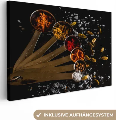 Produktbild von OneMillionCanvasses® - Leinwandbilder - 140x90 cm, Gewürze - Löffel - Salz - Gewürze - Schwarz, Wandbilder Kunstdruck Wanddekoration