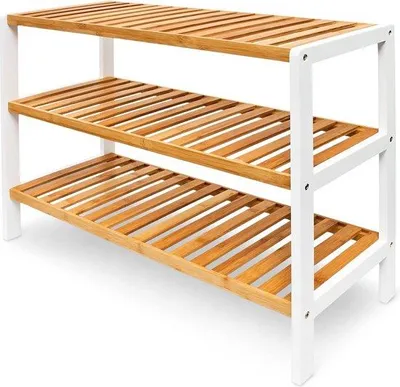 Zdjęcie produktu dla Bambusowy stojak na buty 3 poziomy - stojak na buty na 9 par - wys. x szer. x gł. 545 x 70 x 245 cm - wytrzymały, naturalny/biały.