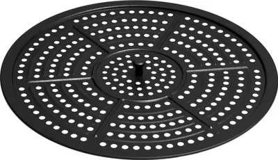 A black circular grill grate with many small holes arranged in concentric circles and radial lines.