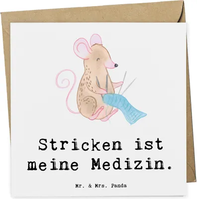 Produktbild von Mr. & Mrs. Panda Glückwunschkarte Maus Stricken - Weiß - Geschenk, doppelkarte, Grußkarte, Klappkarte, faltkarte, DIY, anlasskarte