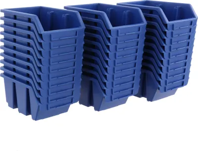 Three stacks of blue storage bins.