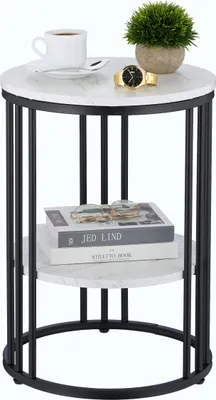 Zdjęcie produktu dla Relaxdays – stolik pomocniczy o wyglądzie marmuru, 2 półki, do salonu, metal i MDF, okrągły stolik pod kanapę, wys. x gł. 56 x 40 cm, biały/czarny