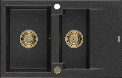 Produktbild von Mexen Gaspar 1,5-Becken-Granitspüle mit Abtropffläche 737 x 475 mm, Schwarz/Silbermetallic, Siphon Gold - 6507731505-73-G