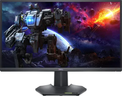 A gaming monitor displaying a futuristic scene with a robot and an explosion in space.